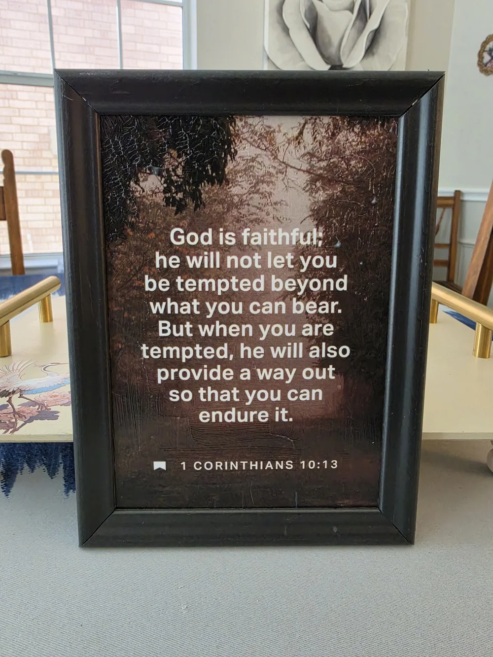 Framed inspirational print Bible verse 1 Corinthians 10:13 Dark forest Tree